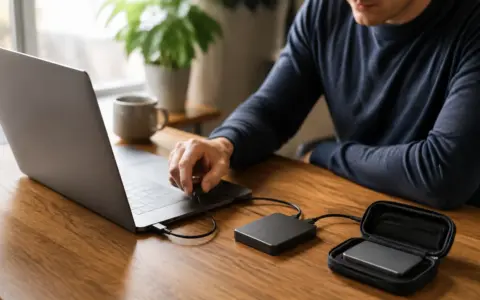 Laptop beside external storage drives on a tidy home desk