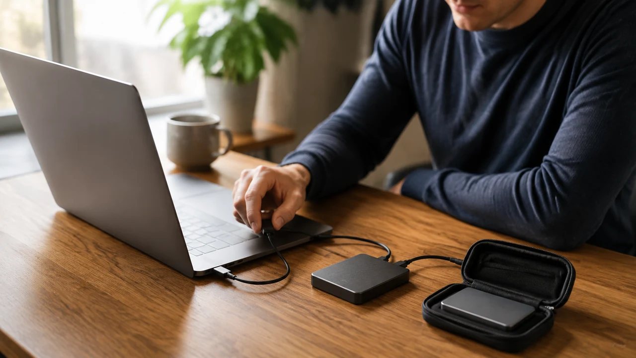Laptop beside external storage drives on a tidy home desk