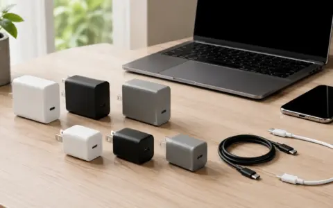 USB-C wall chargers and cables arranged beside a laptop and phone