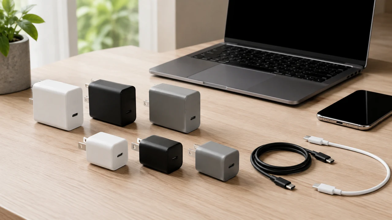 USB-C wall chargers and cables arranged beside a laptop and phone
