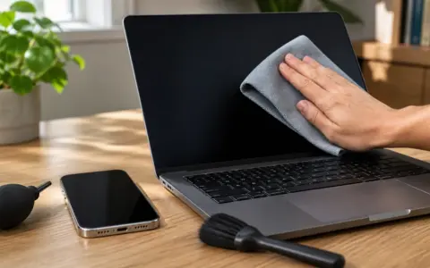 Hand wiping a laptop screen with a microfiber cloth beside a phone, soft brush, and air blower