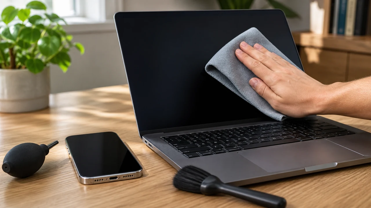 Hand wiping a laptop screen with a microfiber cloth beside a phone, soft brush, and air blower
