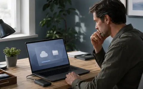 Person reviewing cloud-stored files on a laptop beside an external drive and notebook
