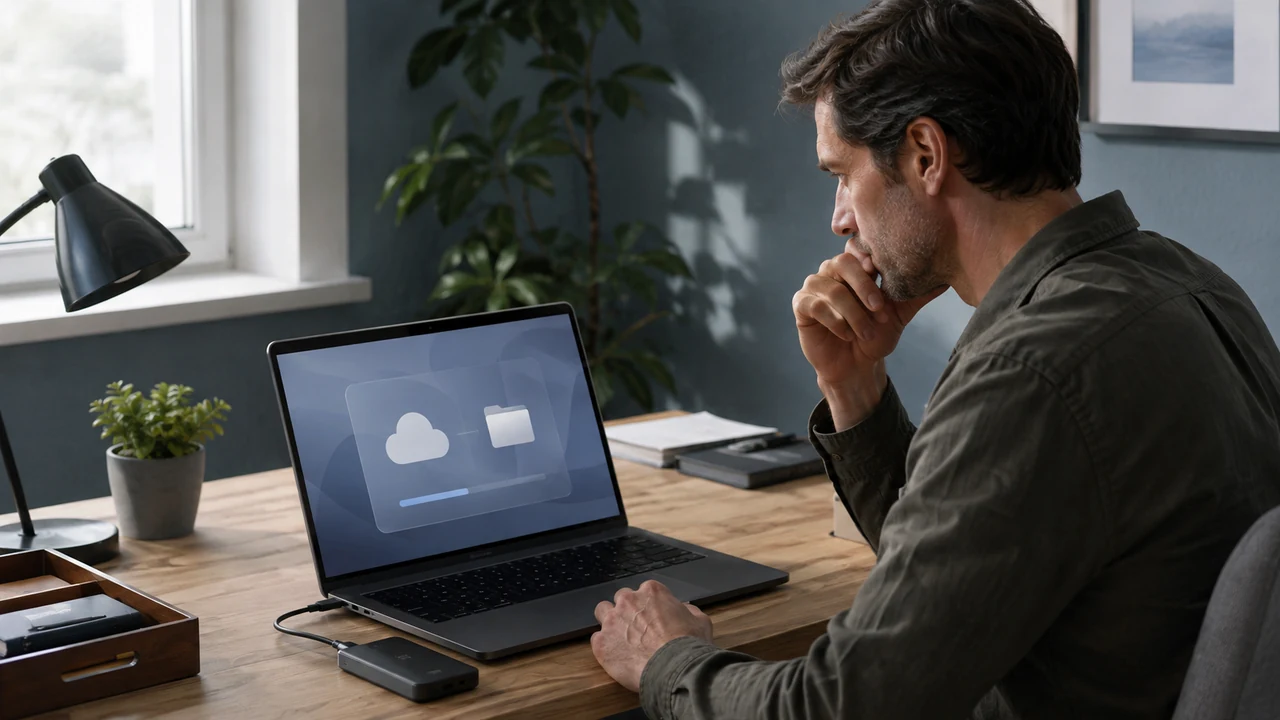 Person reviewing cloud-stored files on a laptop beside an external drive and notebook