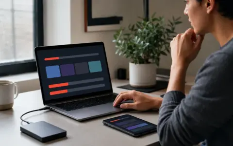 Person reviewing storage categories on a laptop beside a smartphone