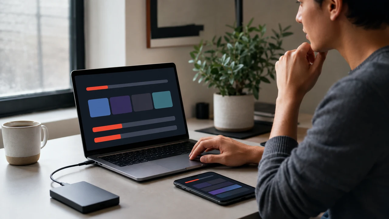 Person reviewing storage categories on a laptop beside a smartphone