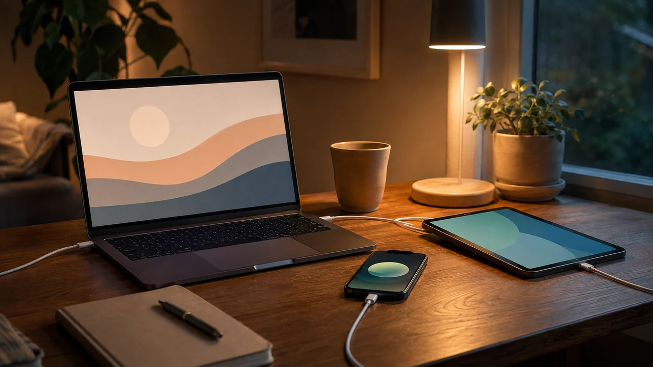 Laptop and smartphone prepared for updates on an organized desk