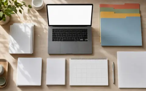 Laptop with a blank screen beside neatly arranged paper records and office supplies