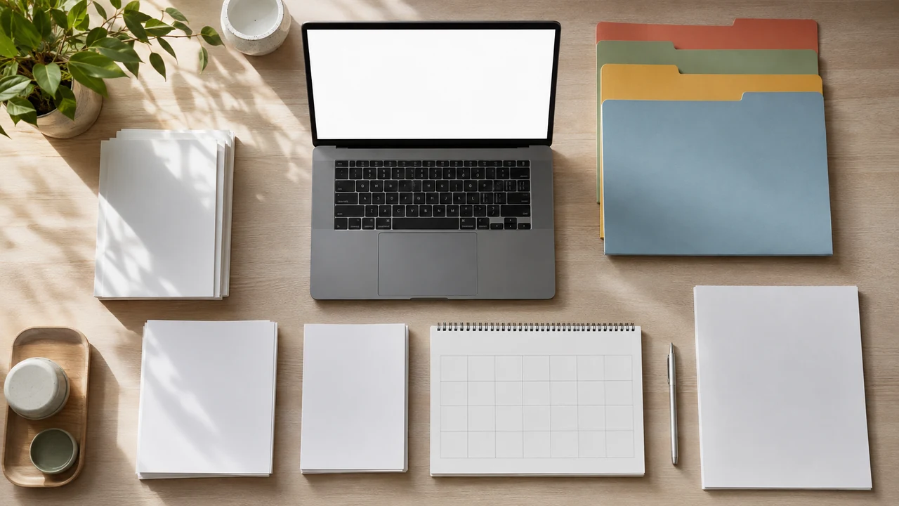 Laptop with a blank screen beside neatly arranged paper records and office supplies