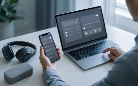 Person troubleshooting wireless headphones beside a phone and laptop on a home desk