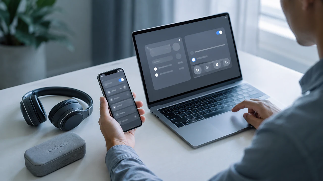 Person troubleshooting wireless headphones beside a phone and laptop on a home desk