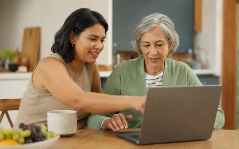 Adult guiding an older relative through laptop settings at a kitchen table