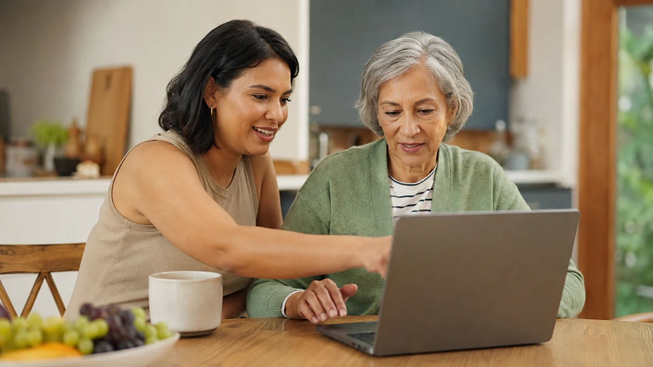Adult guiding an older relative through laptop settings at a kitchen table