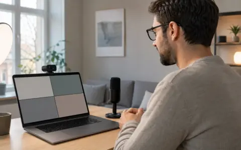 Person on a video call at a tidy desk with a raised webcam and soft window light