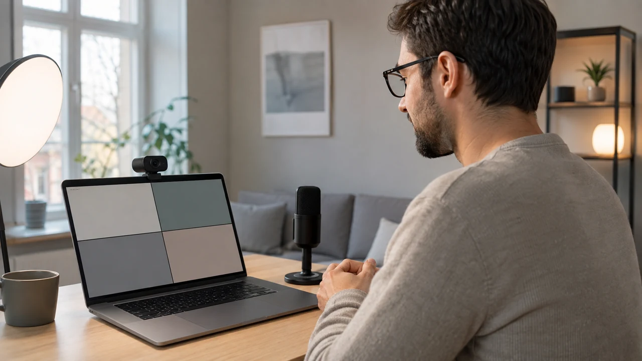 Person on a video call at a tidy desk with a raised webcam and soft window light