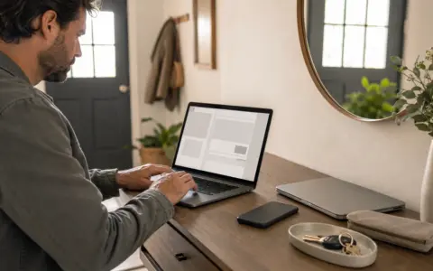 Phone resting beside a laptop and personal items on a home entryway desk