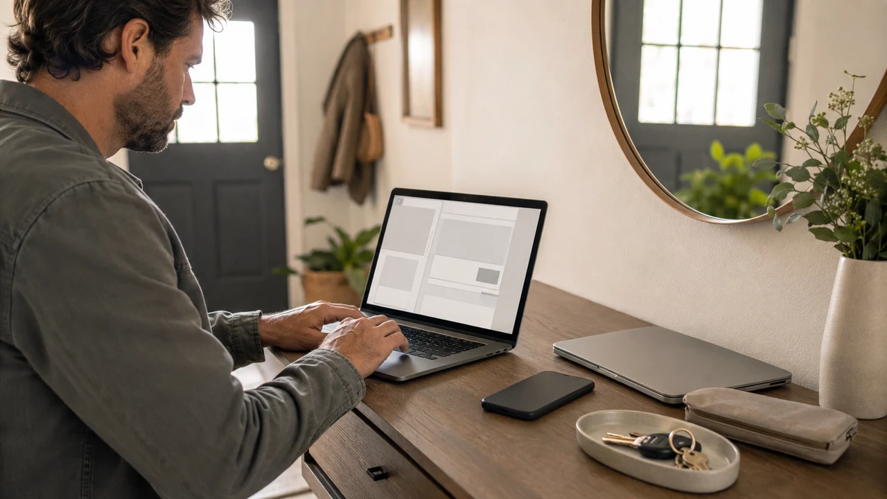 Phone resting beside a laptop and personal items on a home entryway desk