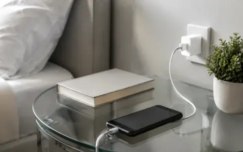 Phone with its screen off connected to a charging cable on a bedside table
