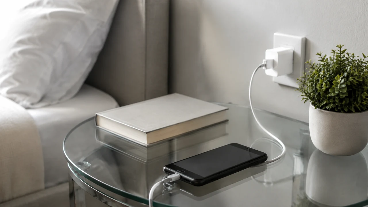 Phone with its screen off connected to a charging cable on a bedside table