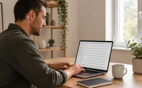 Person calmly reviewing an email inbox on a laptop beside a notebook at a home desk
