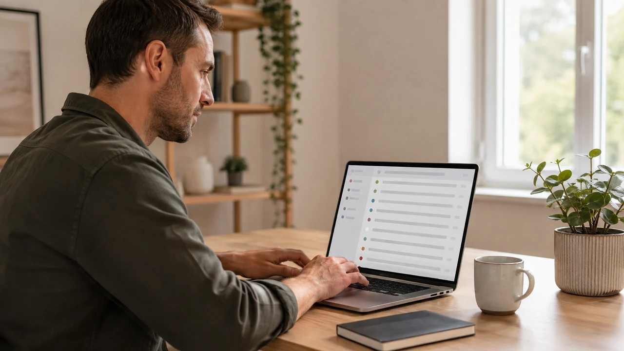 Person calmly reviewing an email inbox on a laptop beside a notebook at a home desk