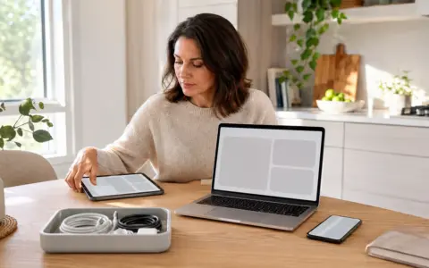 Laptop on an organized desk beside a notebook and everyday digital accessories