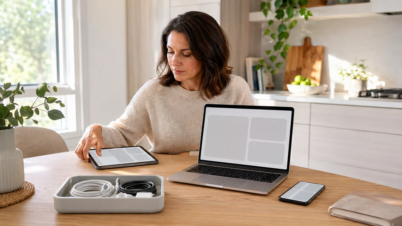 Laptop on an organized desk beside a notebook and everyday digital accessories