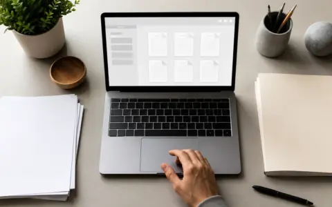 Person organizing digital documents on a laptop beside neatly arranged paper records