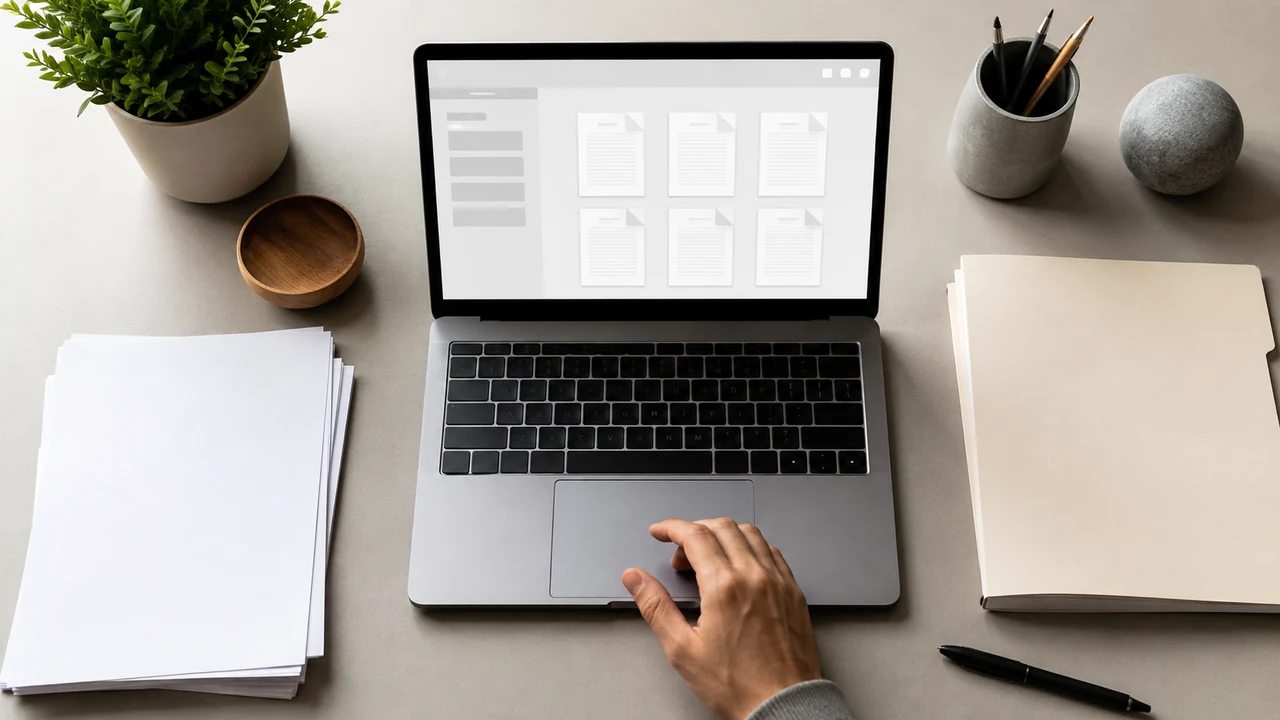 Person organizing digital documents on a laptop beside neatly arranged paper records