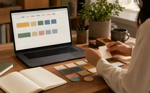 Person organizing saved web pages on a laptop at a bright, uncluttered desk