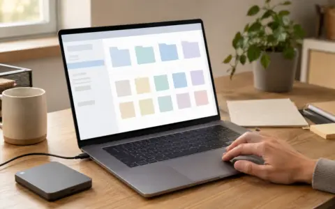 Person sorting downloaded documents into clearly organized folders on a laptop at a tidy desk