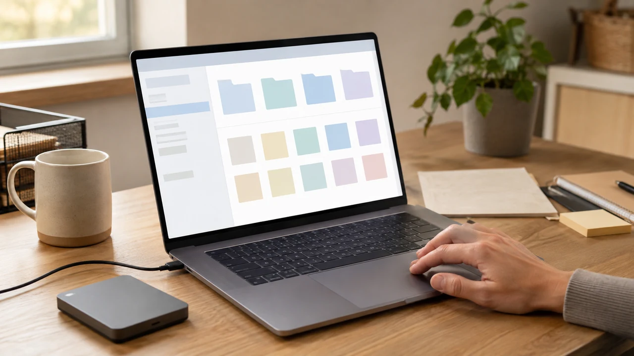 Person sorting downloaded documents into clearly organized folders on a laptop at a tidy desk