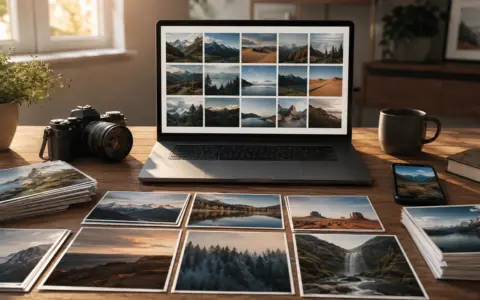 Laptop beside printed photographs, a camera, and a phone on a tidy desk
