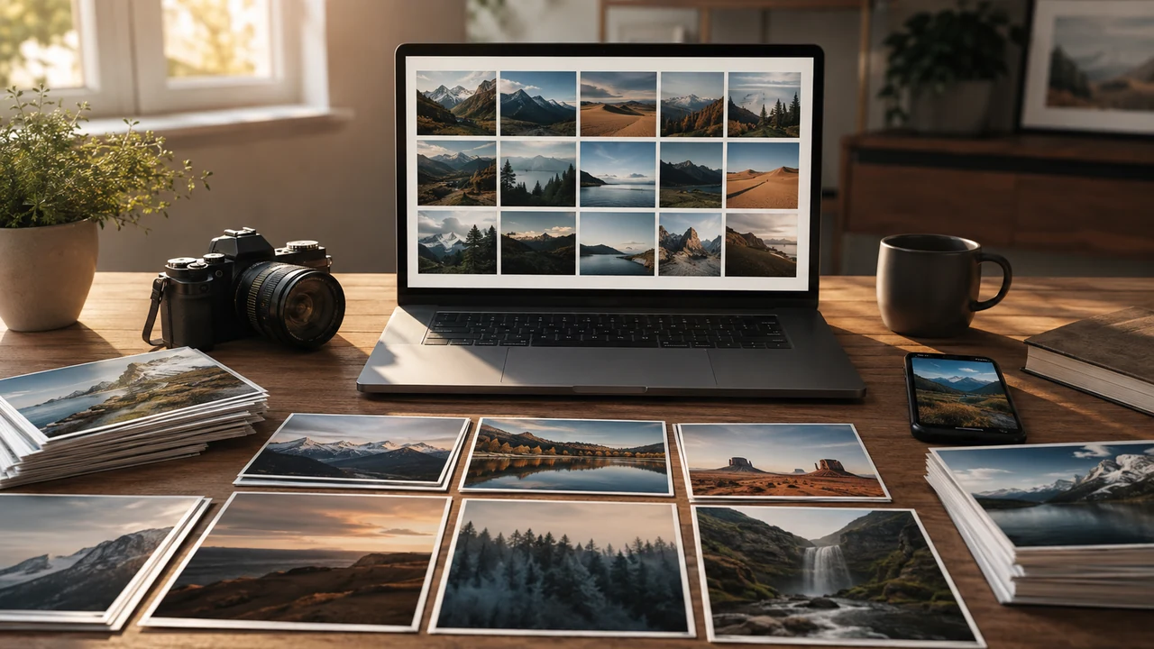 Laptop beside printed photographs, a camera, and a phone on a tidy desk