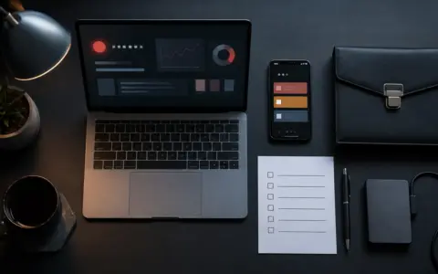 Security planning notes, laptop, phone, and pen arranged on a desk