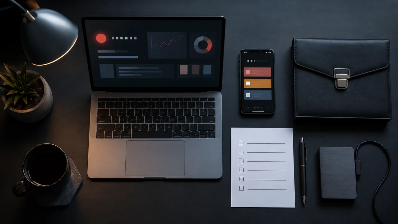 Security planning notes, laptop, phone, and pen arranged on a desk