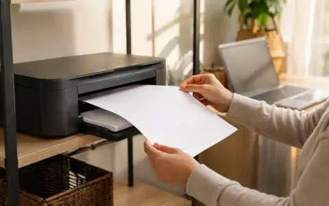 Compact home printer on an organized shelf beside a laptop