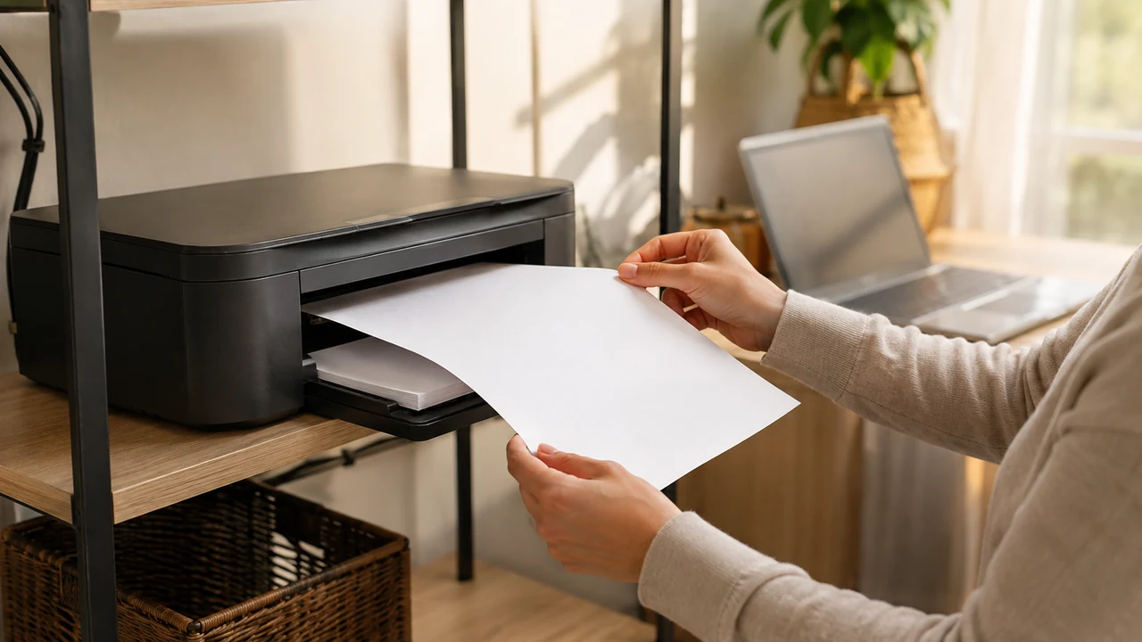 Compact home printer on an organized shelf beside a laptop