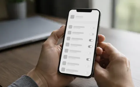 Person reviewing privacy controls on a smartphone at a tidy desk