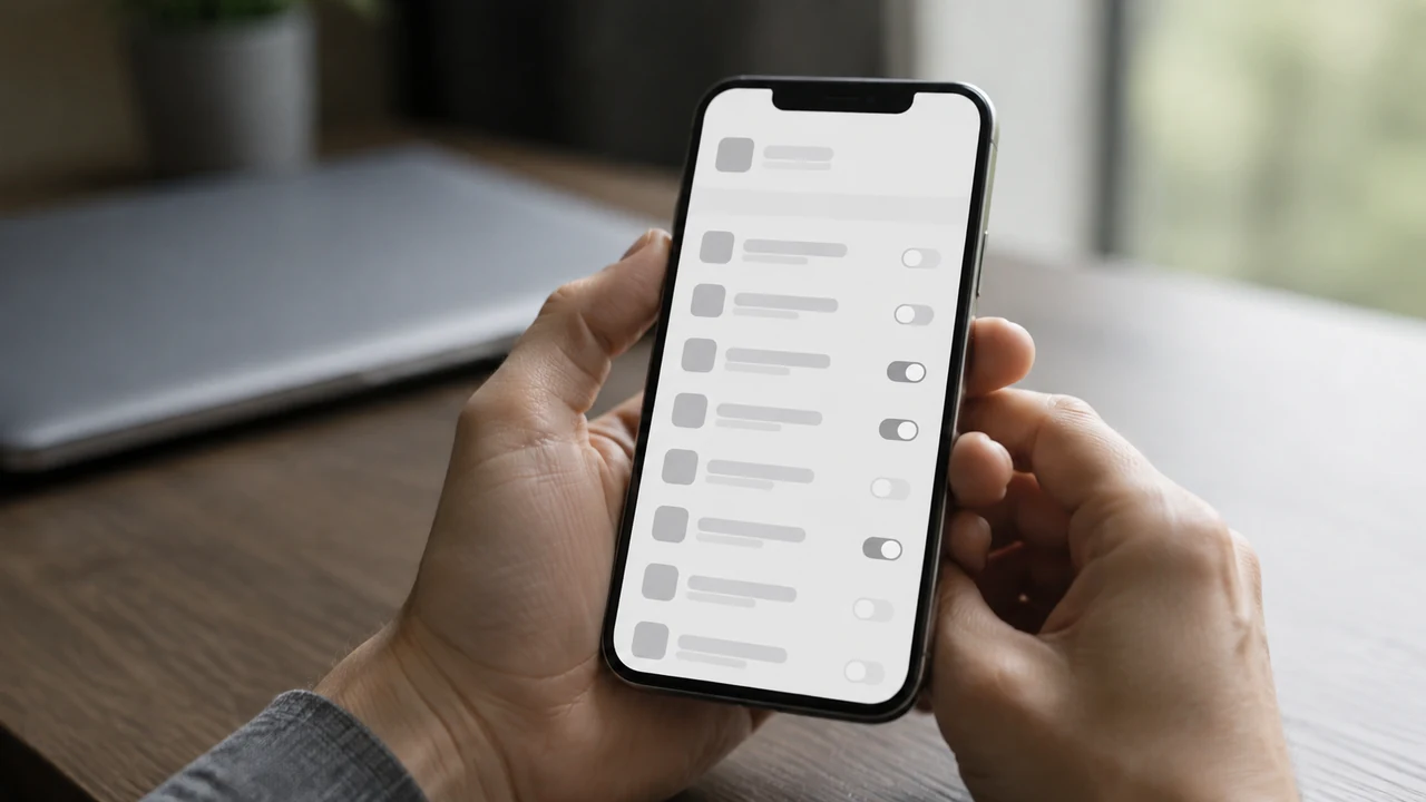 Person reviewing privacy controls on a smartphone at a tidy desk
