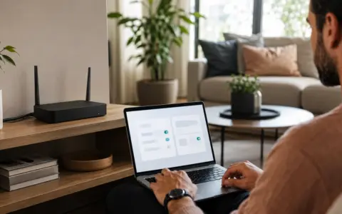 Home router on an open shelf while a person checks network settings on a laptop