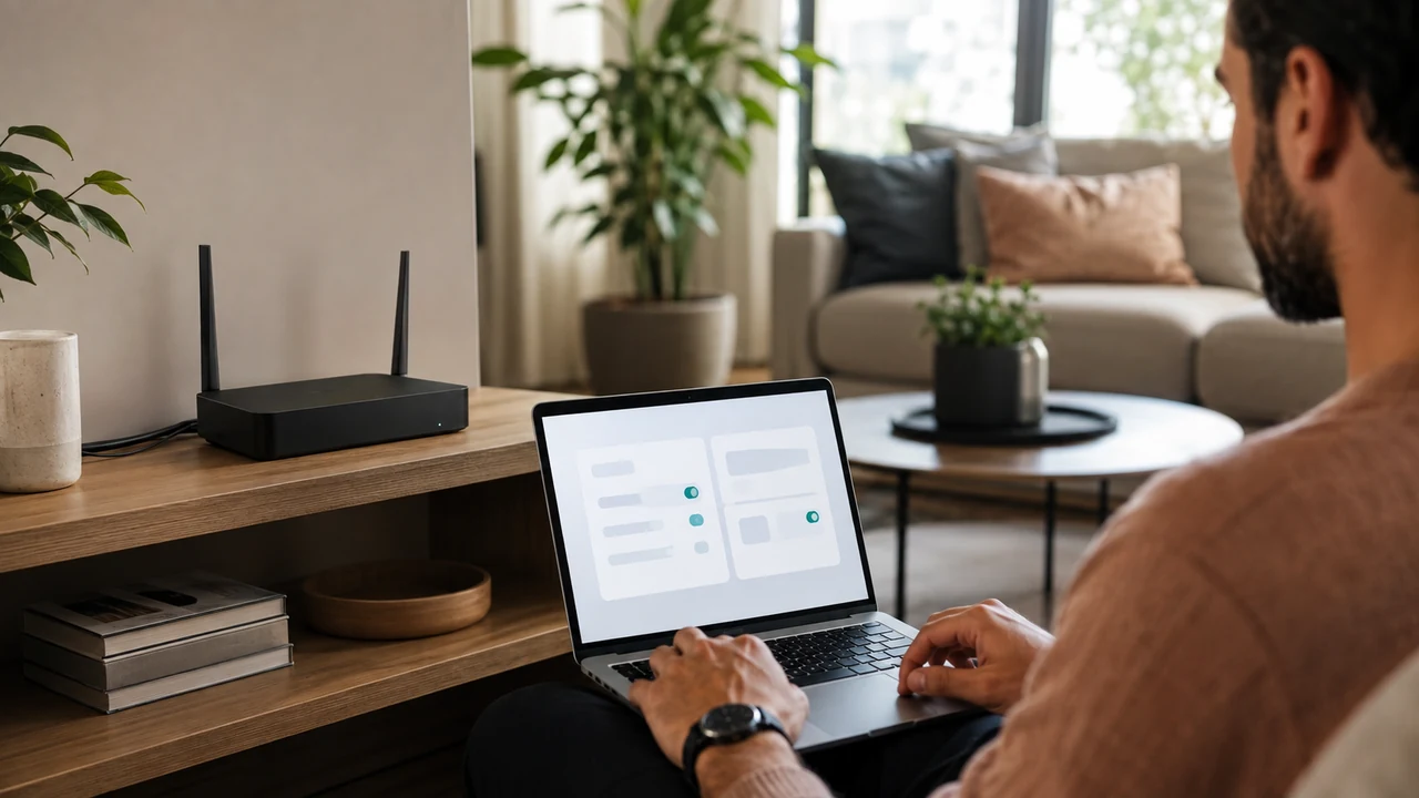 Home router on an open shelf while a person checks network settings on a laptop