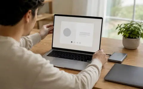 Person holding a new laptop with a generic setup screen beside an older computer