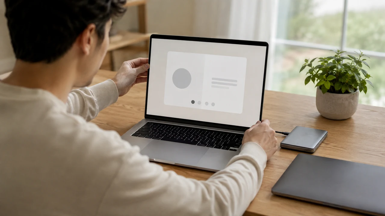 Person holding a new laptop with a generic setup screen beside an older computer