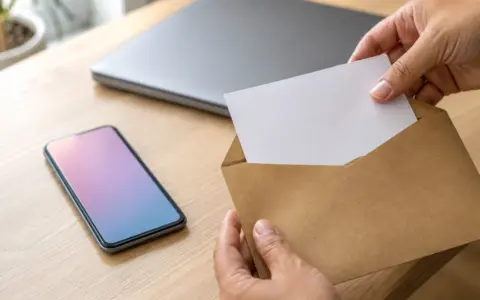 Blank card and open envelope beside a laptop on a tidy desk