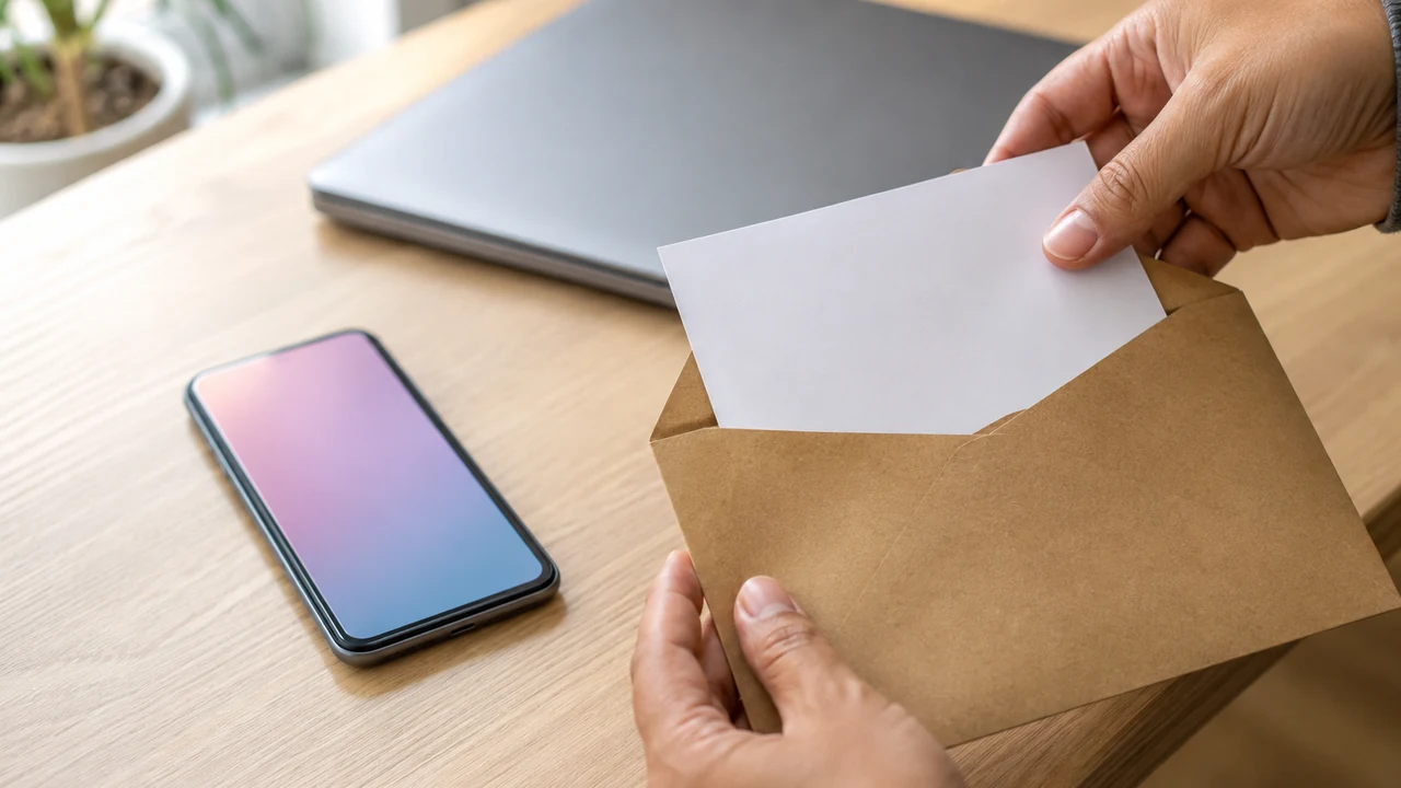 Blank card and open envelope beside a laptop on a tidy desk