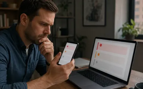 Person thoughtfully reviewing a phone message beside an open laptop at home