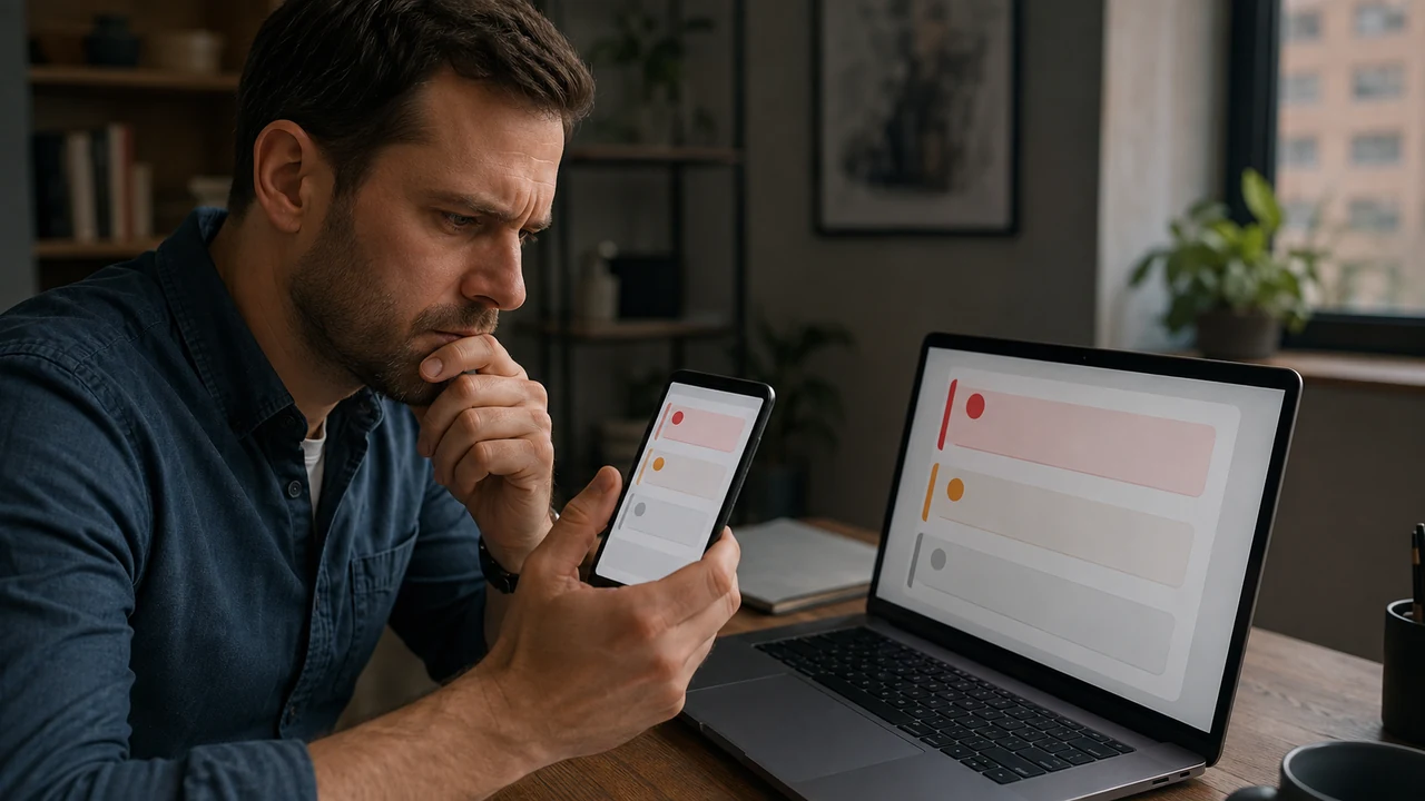 Person thoughtfully reviewing a phone message beside an open laptop at home