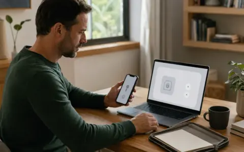 Person holding a phone beside a closed notebook on a home desk