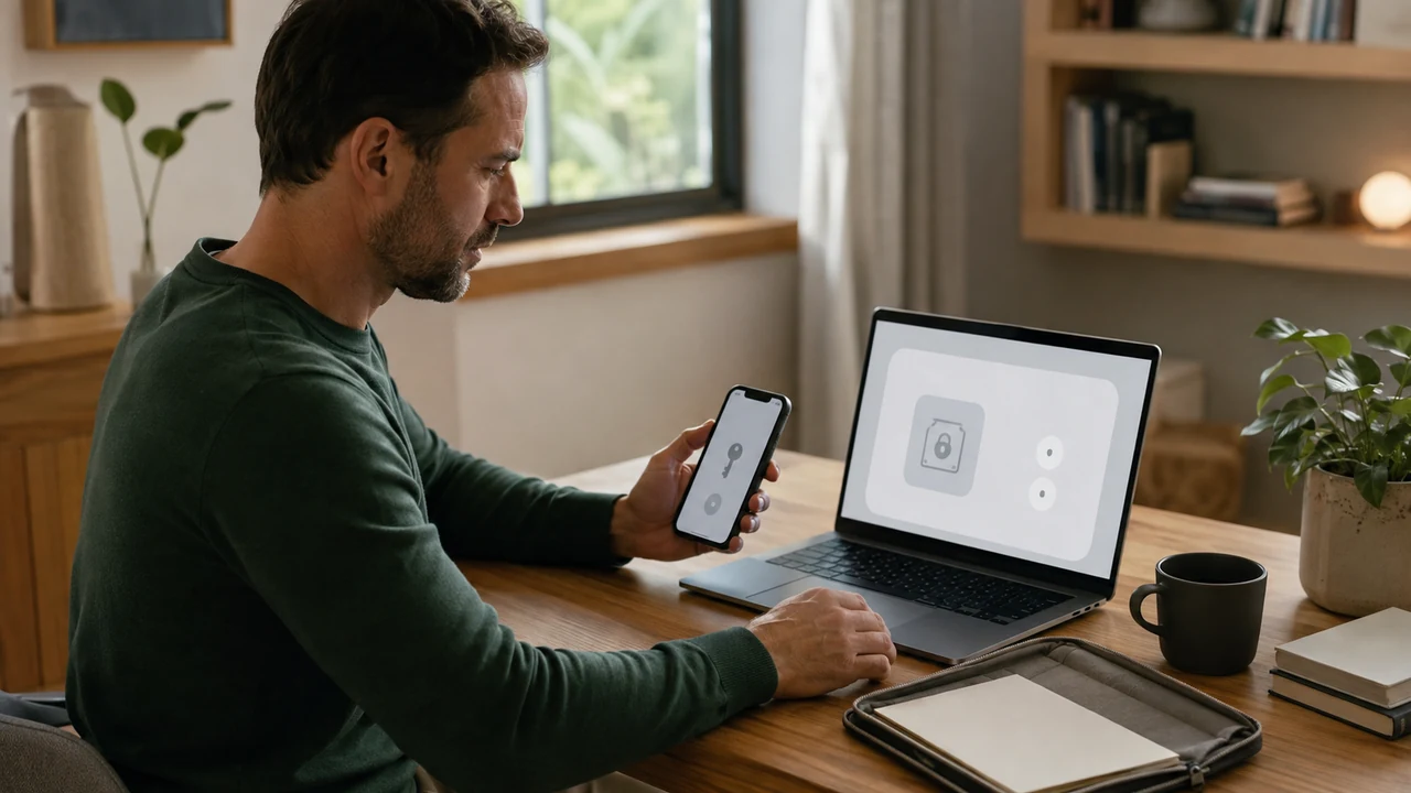 Person holding a phone beside a closed notebook on a home desk